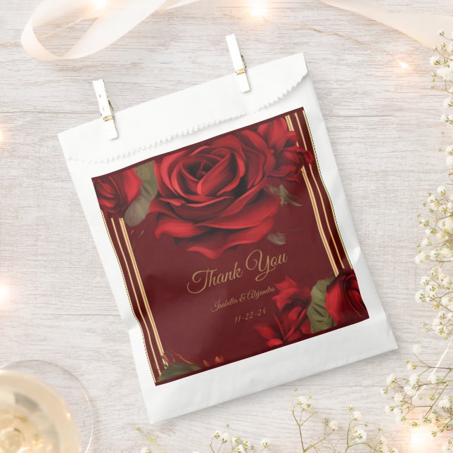 Elegant Burgundy Red Rose & Gold Wedding  Favor Bag (Clipped)