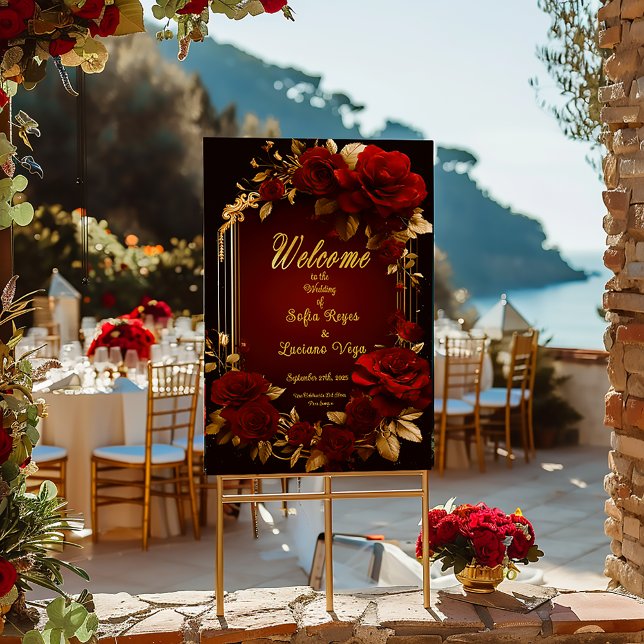 Elegant Burgundy Red Rose & Gold Wedding Foam Board (Stunning Burgundy Red Rose Wedding Welcome Board )