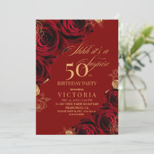 Elegant Burgundy Red Roses 50th Birthday Invitation