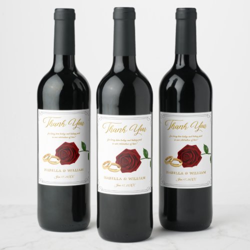 Elegant Burgundy Red Roses and Rings Wedding Wine Label