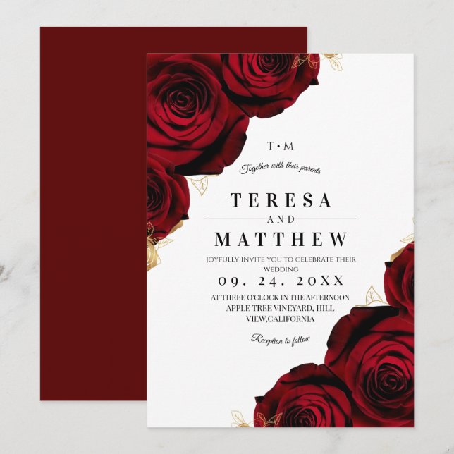 Elegant Burgundy Red Roses Floral Wedding Invitation (Front/Back)