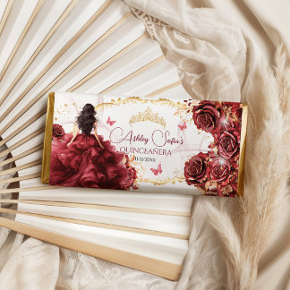 Elegant Burgundy Red Roses Gold Quinceañera Hershey Bar Favors