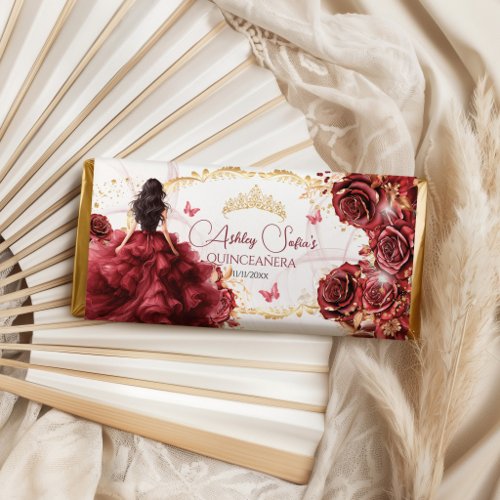 Elegant Burgundy Red Roses Gold Quinceañera Hershey Bar Favors