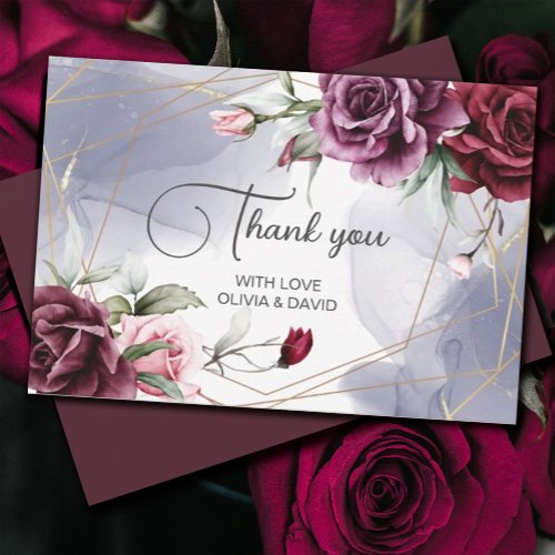 Elegant Burgundy Red Roses Watercolor Thank You Card