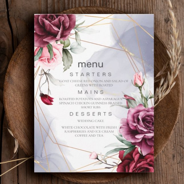 Elegant Burgundy Red Roses Watercolor wedding menu Invitation (#Romance #redroses #weddinginvitation #FloralRomance #romanticburgundy #Blush #elegantinvitation)