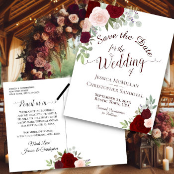 Elegant Burgundy & Red Roses Wedding Save The Date Announcement Postcard by ZingerBug at Zazzle