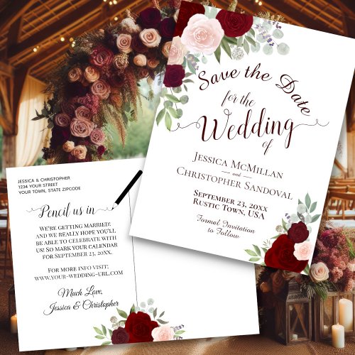 Elegant Burgundy  Red Roses Wedding Save the Date Announcement Postcard