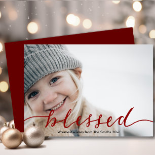 Elegant Burgundy Red Script Blessed Simple Photo Holiday Card