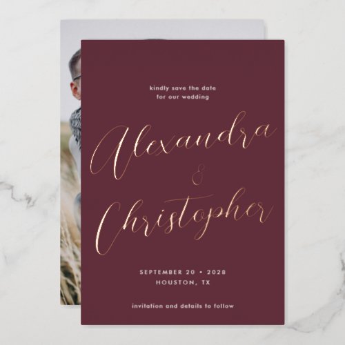 Elegant Burgundy Red Script Wedding Save the Date Foil Invitation