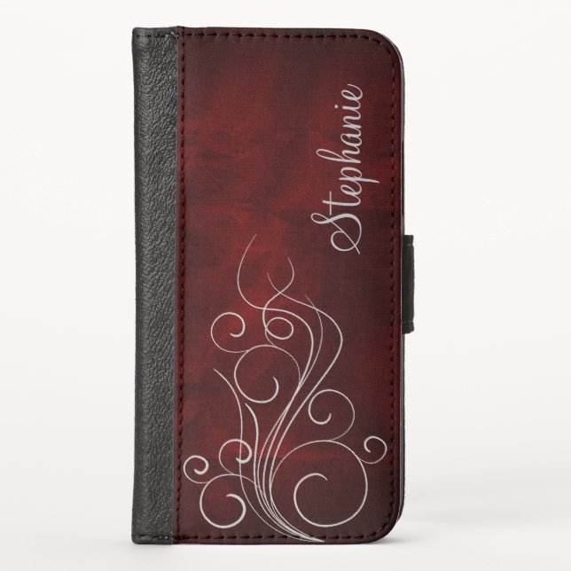 Elegant Burgundy Red Silver Swirl Personalized iPhone Wallet Case (Front)