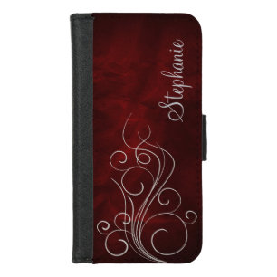 Elegant Burgundy Red Silver Swirl Personalized iPhone 8/7 Wallet Case