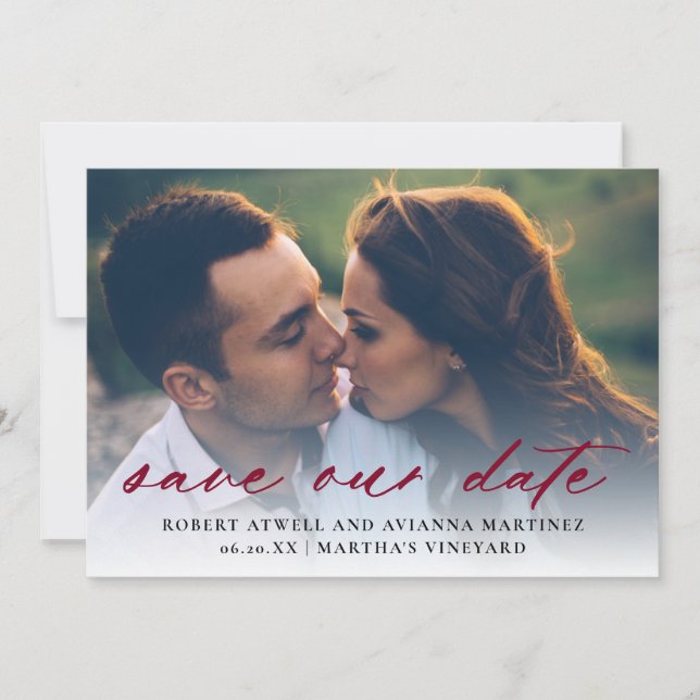 Elegant Burgundy Red Text Photo Wedding Save The Date (Front)