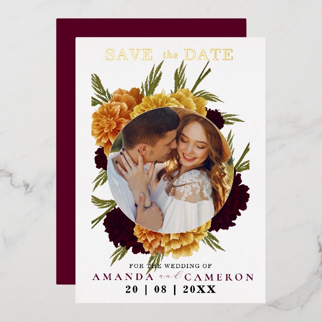 Elegant Burgundy Red Watercolor "MARIGOLD" Photo  Foil Invitation (Front/Back)