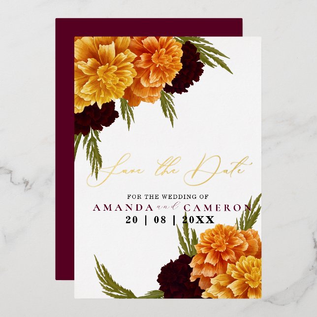 Elegant Burgundy Red Watercolor "MARIGOLD" Photo  Foil Invitation (Front/Back)