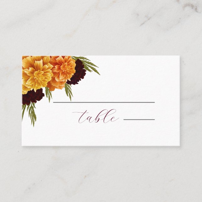Elegant Burgundy Red Watercolor "MARIGOLD" Place Card (Front)