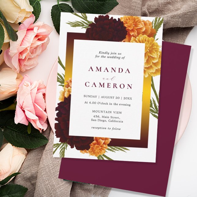 Elegant Burgundy Red Watercolor "MARIGOLD" Wedding Invitation (Creator Uploaded)