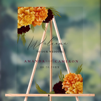 Elegant Burgundy Red Watercolor"MARIGOLD"Welcome Acrylic Sign