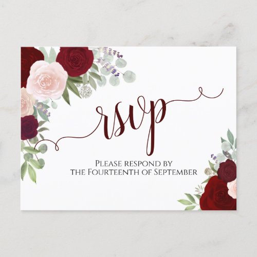 Elegant Burgundy Red Watercolor Roses Wedding RSVP Postcard