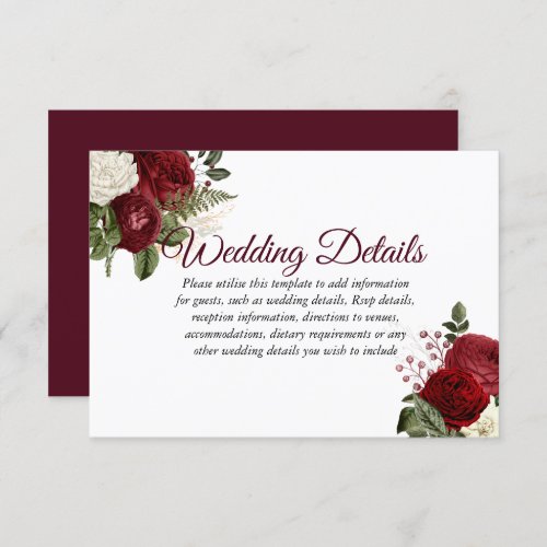 Elegant Burgundy Red White Floral Wedding Details Invitation