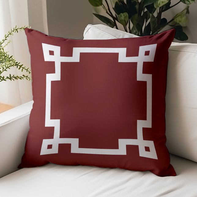 Elegant Burgundy Red White Greek Key Border Throw Pillow (Creator Uploaded)