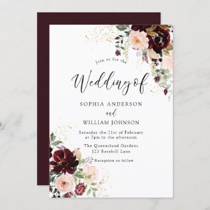 Elegant Burgundy Red Wine & Blush Floral Wedding Invitation