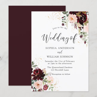 Elegant Burgundy Red Wine & Blush Floral Wedding Invitation