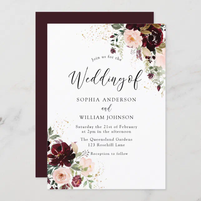 Elegant Burgundy Red Wine & Blush Floral Wedding Invitation | Zazzle