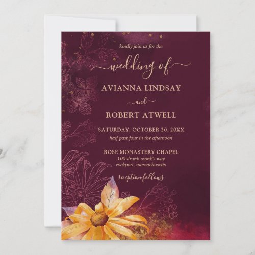 Elegant Burgundy Red Yellow Sunflower Wedding Invitation