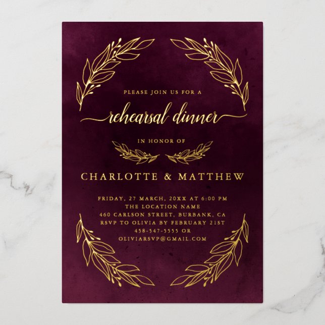 Elegant Burgundy Rehearsal Dinner Gold Foil Invitation (Front)