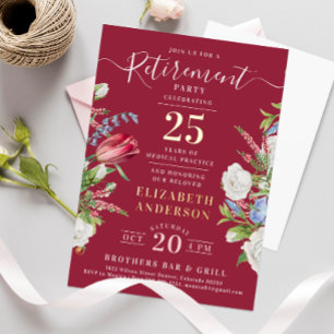 Elegant Burgundy Retirement Floral Foil Invitation