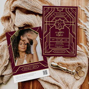 Elegant Burgundy Retro Art Deco Gold QR Code Photo Invitation