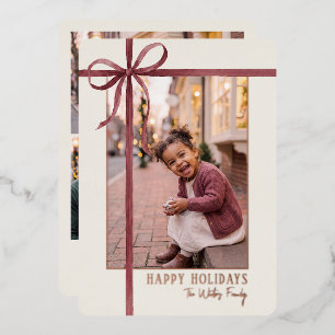 Elegant Burgundy Ribbon Frame Photo Foil Holiday Card