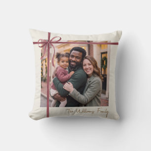 Elegant Burgundy Ribbon Photo Throw Pillow