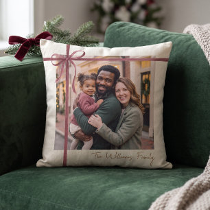 Elegant Burgundy Ribbon Photo Throw Pillow