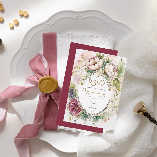 Elegant Burgundy Romantic Rustic Wedding RSVP  Card (Creator Uploaded)