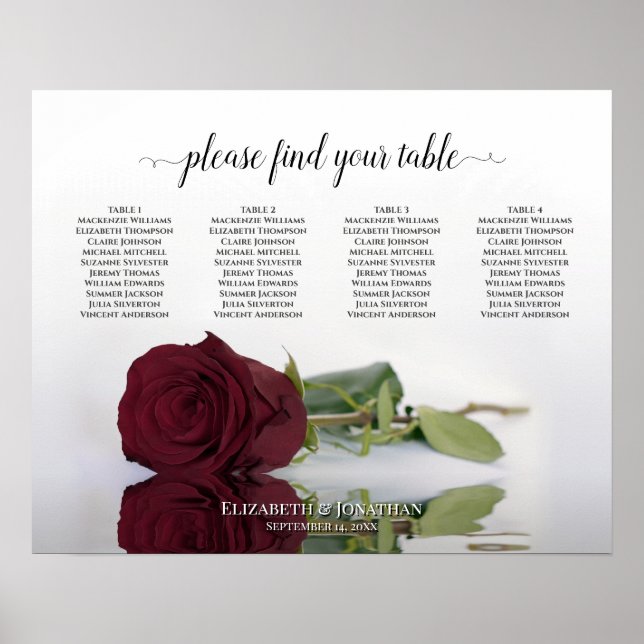 Elegant Burgundy Rose 4 Table Seating Chart (Front)