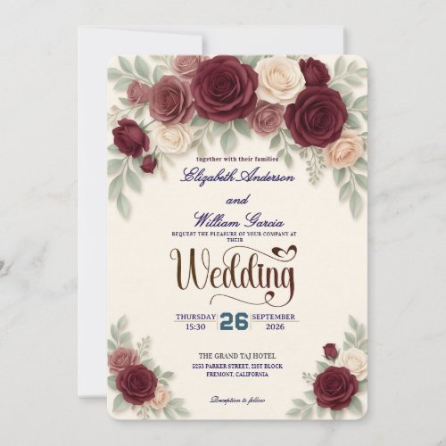 Elegant Burgundy Rose All In One QR Code Wedding Invitation