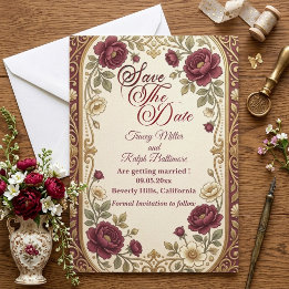 Elegant Burgundy Rose Antique Jewel Tones Wedding Save The Date