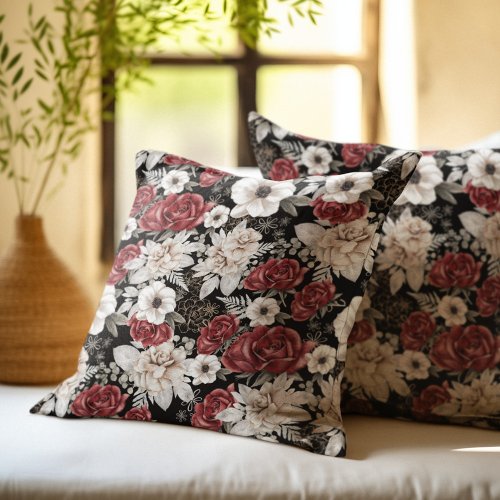 Elegant Burgundy Rose Black Floral Pattern Throw Pillow