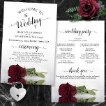 Elegant Burgundy Rose Budget Wedding Program<br><div class="desc">These wedding programs are elegant and tasteful, while still being budget friendly. The design features a single long-stemmed burgundy, maroon, or wine red colored rose lying on its side, reflecting in a pool of water with waves and ripples. The typography features lacy black script calligraphy, and there is room for...</div>
