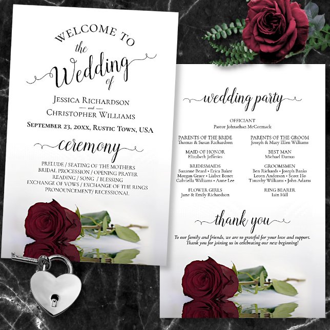 Elegant Burgundy Rose Budget Wedding Program (In Situ Front and Back)