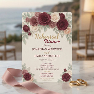 Elegant Burgundy Rose Chic Rehearsal Dinner Invitation