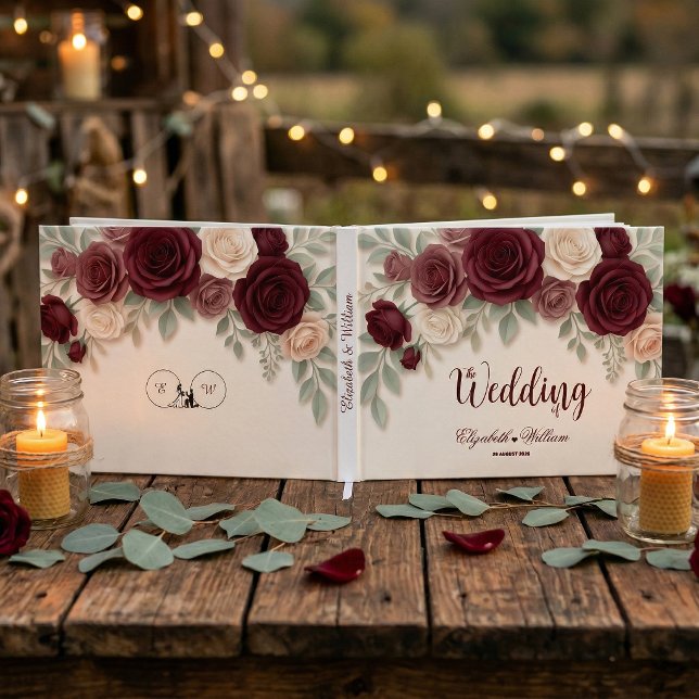 Elegant Burgundy Rose Chic Wedding Guest Book (Creator Uploaded)