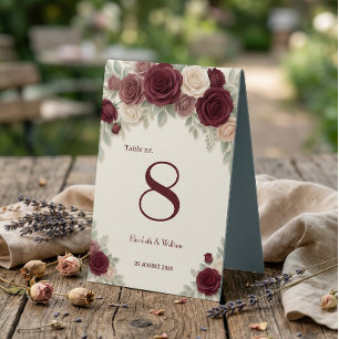 Elegant Burgundy Rose Chic Wedding Table Tent