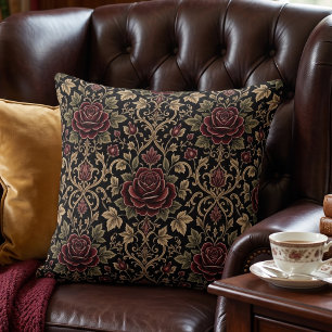 Elegant Burgundy Rose Damask Throw Pillow