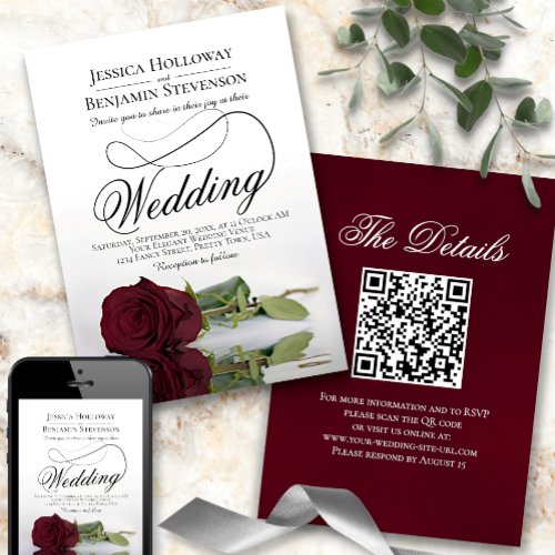 Elegant Burgundy Rose Fancy Script QR Code Wedding Invitation