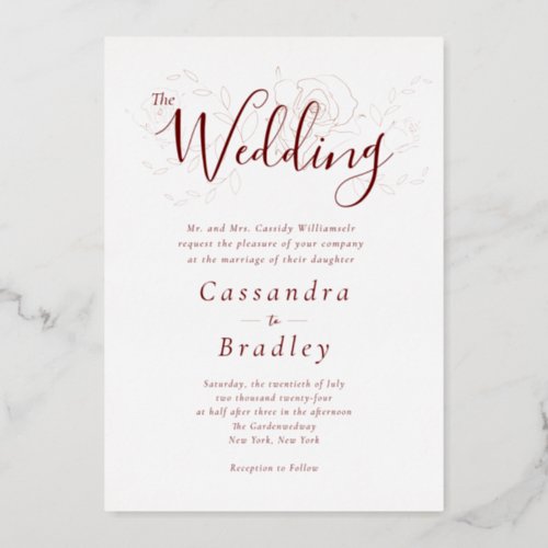 Elegant Burgundy Rose Gold Floral Formal Wedding Foil Invitation