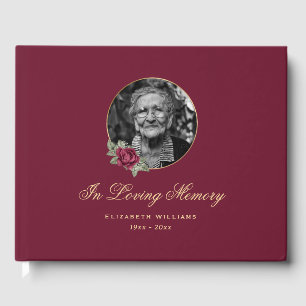 Elegant Burgundy Rose Gold Floral Funeral Photo Guest Book