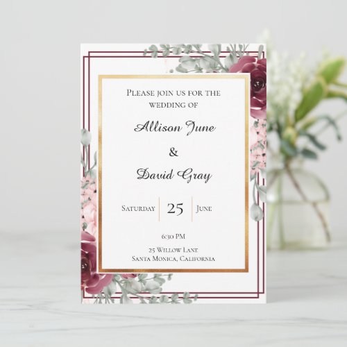 Elegant Burgundy Rose Gold Framed Wedding Invitation