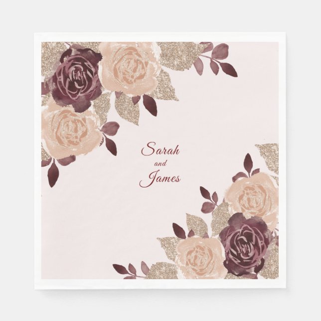 Elegant Burgundy Rose Gold Glitter Floral Wedding Napkins (Front)